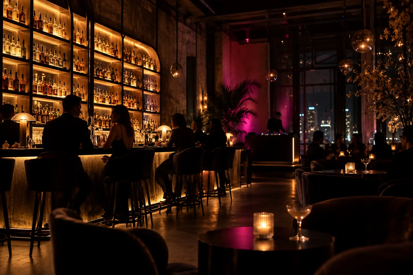 Elegante Bar mit DJ-Atmosphäre und warmem Nachtlicht