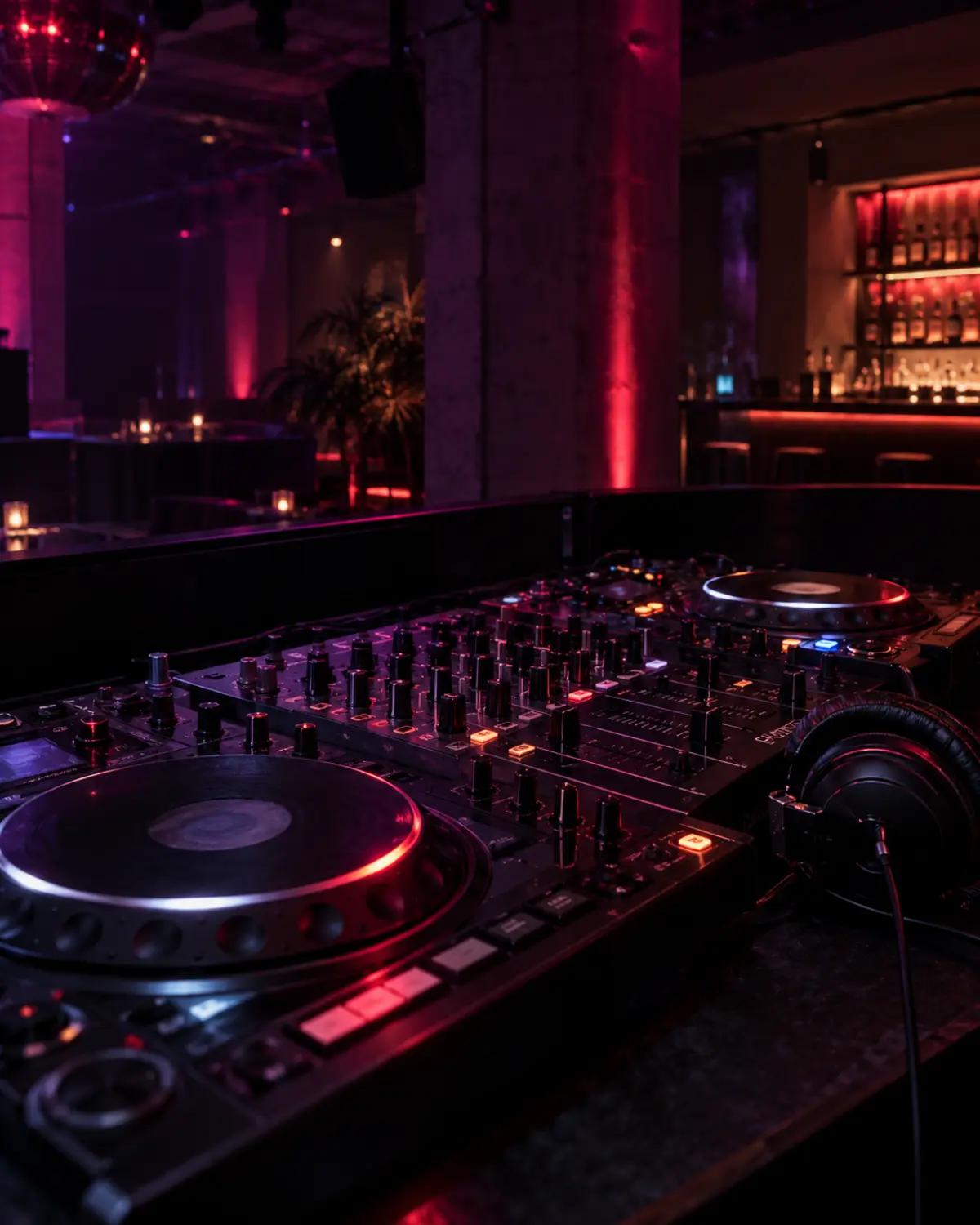 Professionelles DJ-Mischpult in einem stilvollen Club mit Nachtatmosphäre