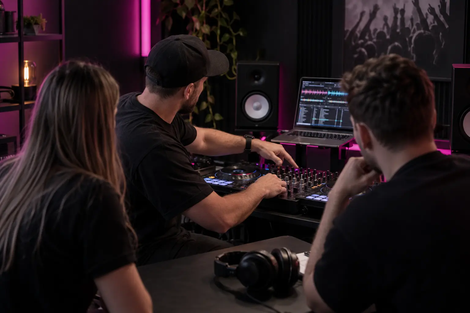 DJ-Coaching in einem modernen Musikstudio mit DJ-Controller und erwachsenen Lernenden
