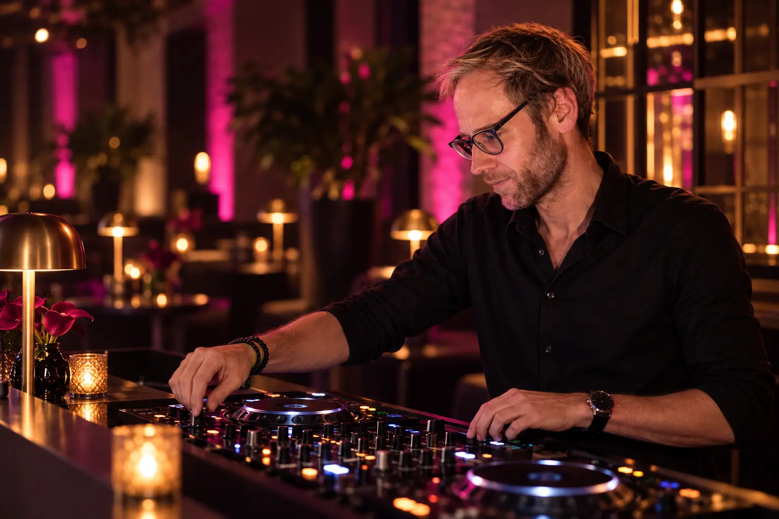 DJ ZEVEN bereitet in einer Eventlocation die Musik und Atmosphäre für einen besonderen Anlass vor