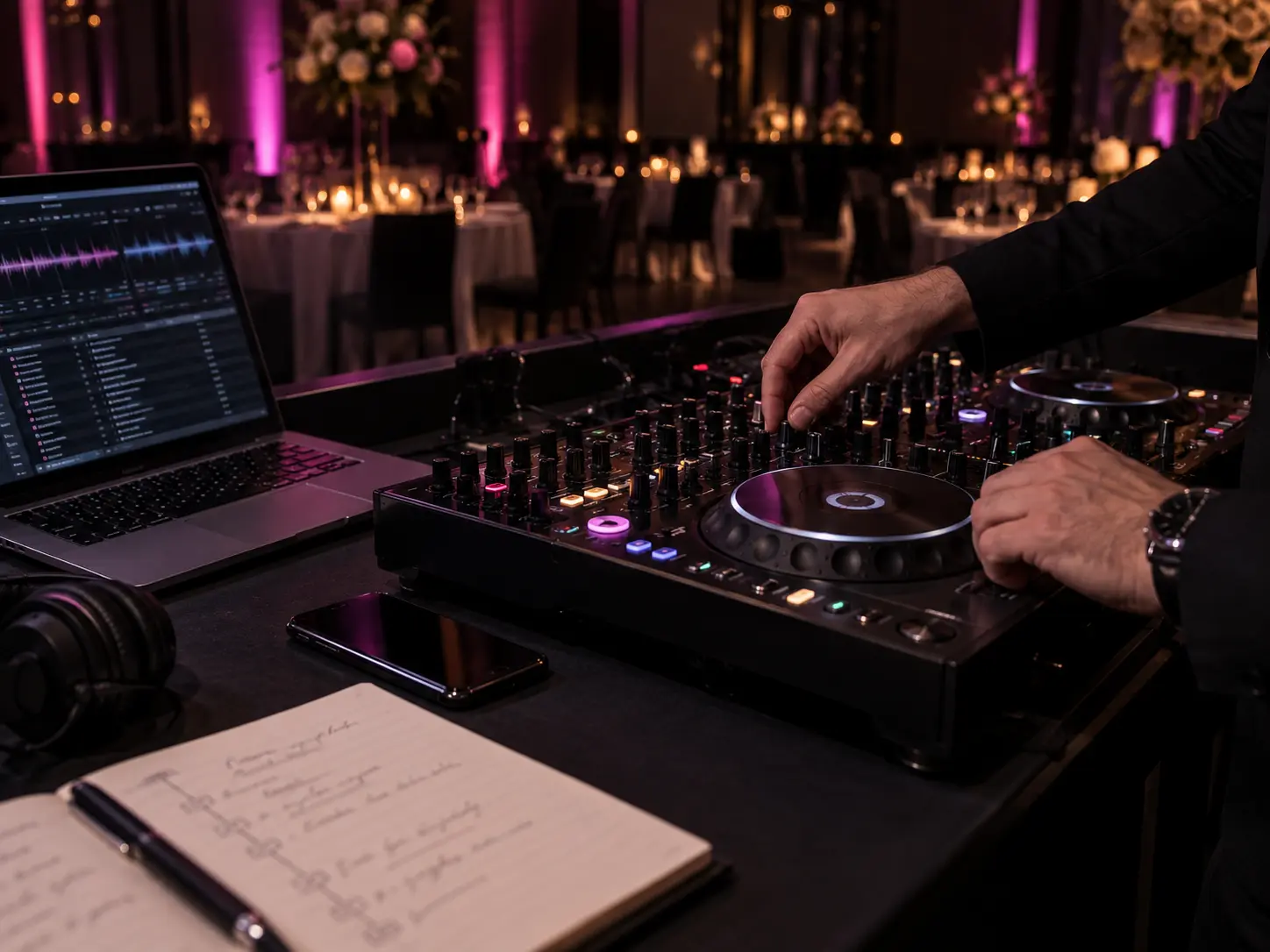 DJ-Mischpult, Smartphone und Eventplanung als Symbol für eine persönliche DJ-Anfrage