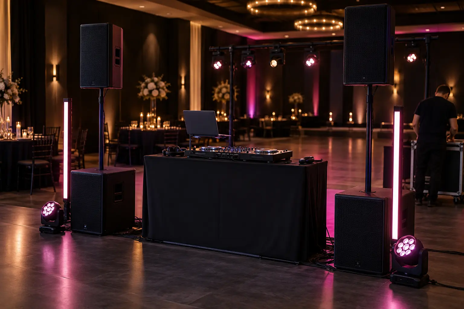 Professionelles DJ-Setup mit Lautsprechern und Licht in einer vorbereiteten Eventlocation