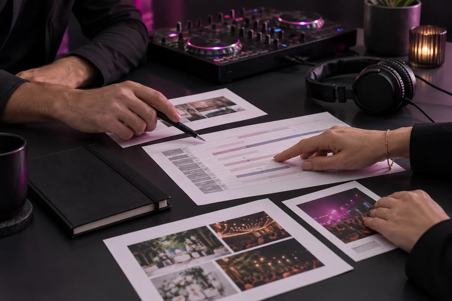 Planungsgespräch für ein DJ-Event mit Ablauf, Kopfhörern und DJ-Controller