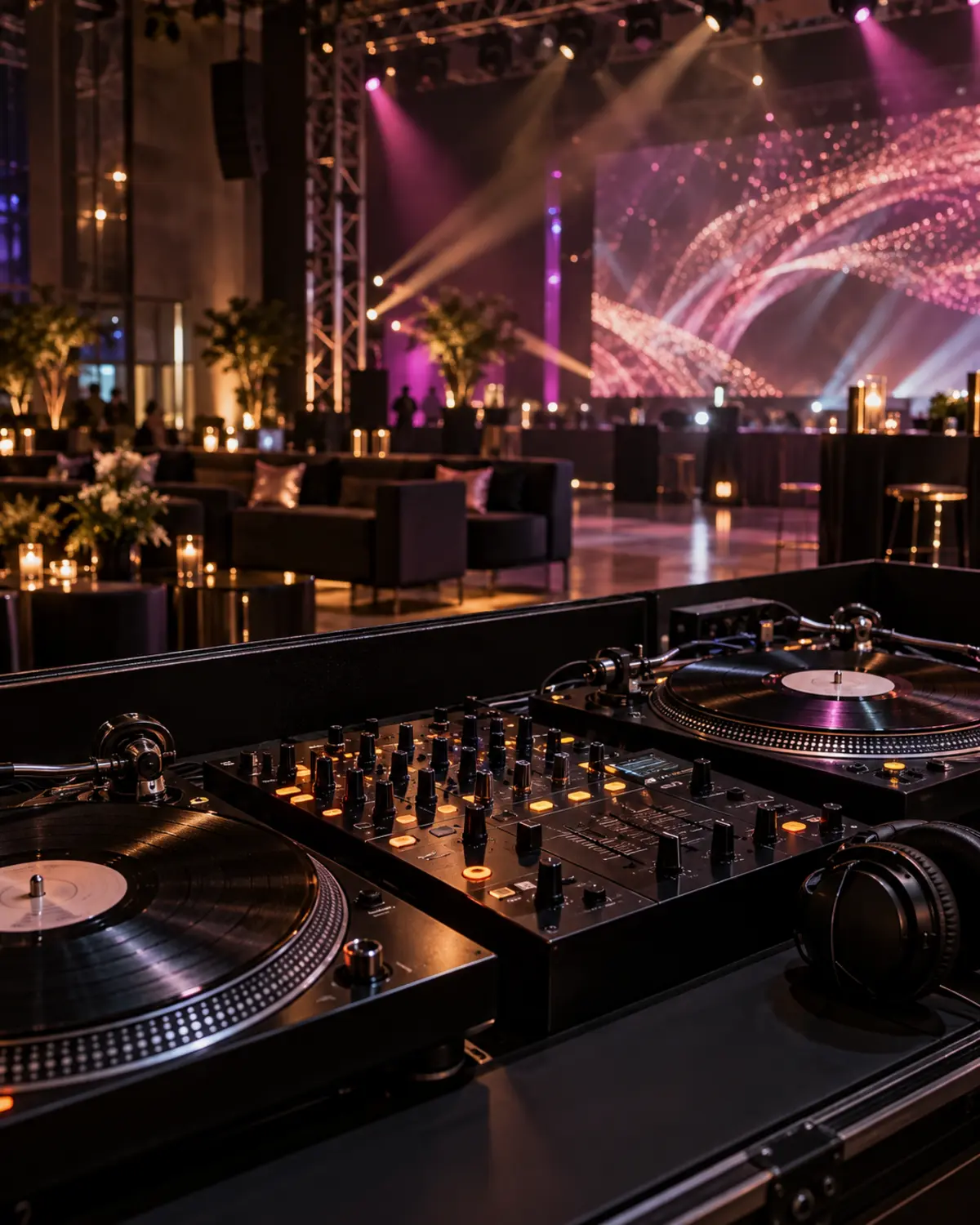 Professionelles DJ-Setup für eine Firmenfeier mit moderner Eventtechnik
