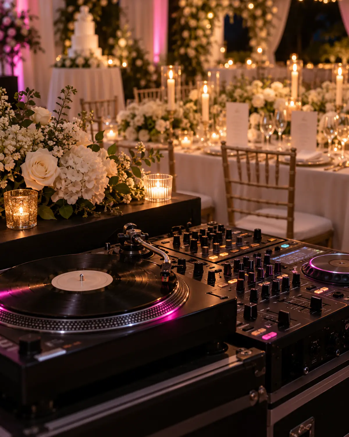 DJ-Setup mit Musikmischpult für eine persönliche Hochzeitsfeier