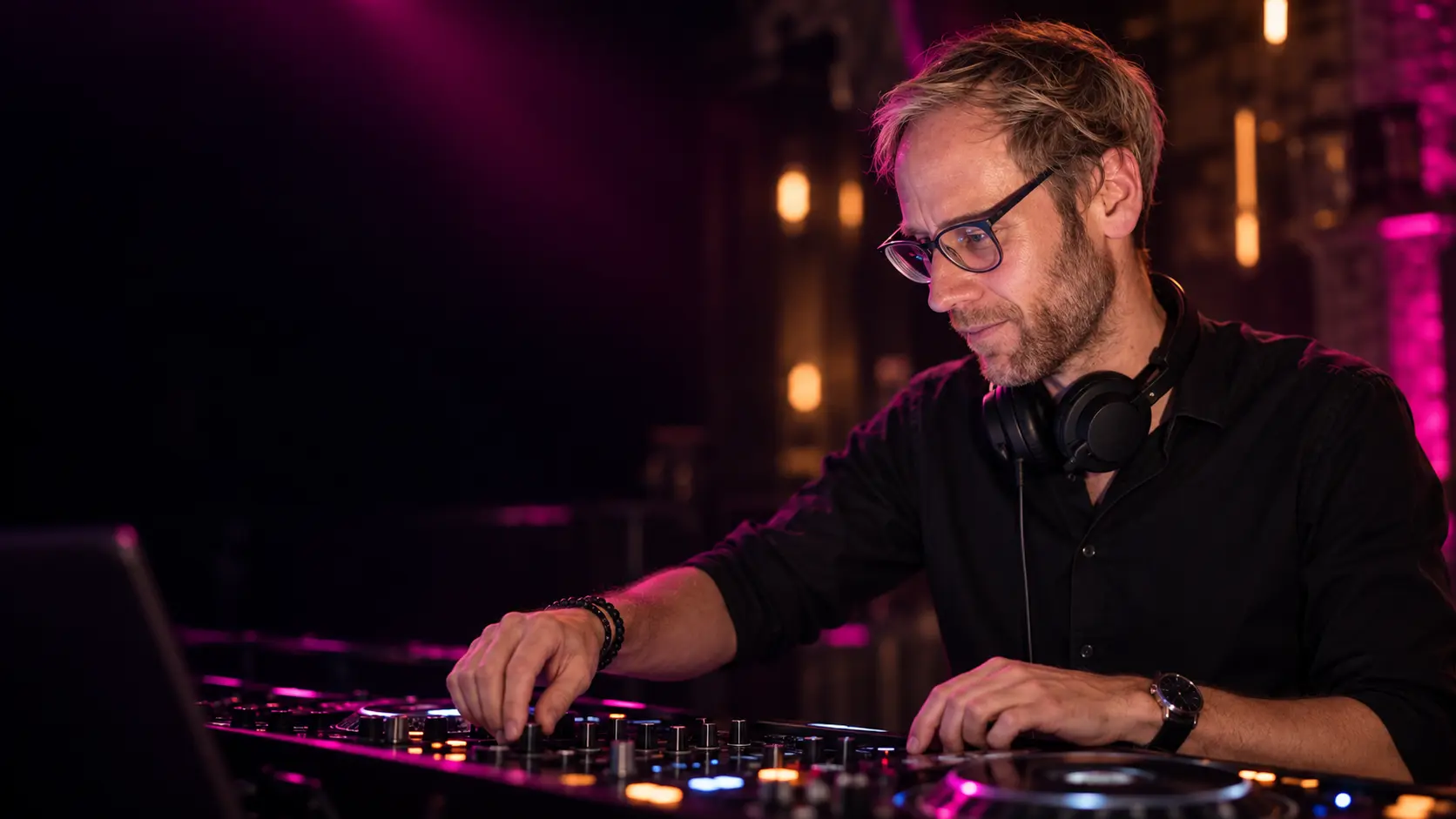 DJ ZEVEN am Mischpult in einem dunklen Club mit Magenta-Licht