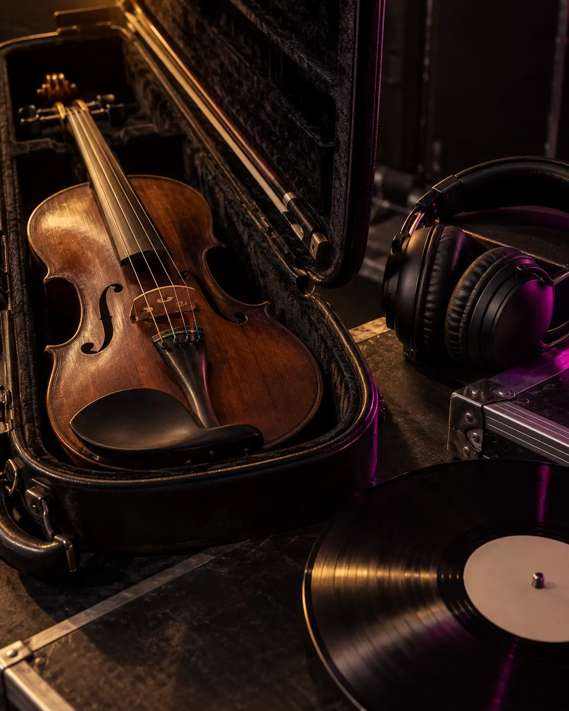Violine, Kopfhörer und Vinyl als Symbol für die musikalischen Wurzeln von DJ ZEVEN