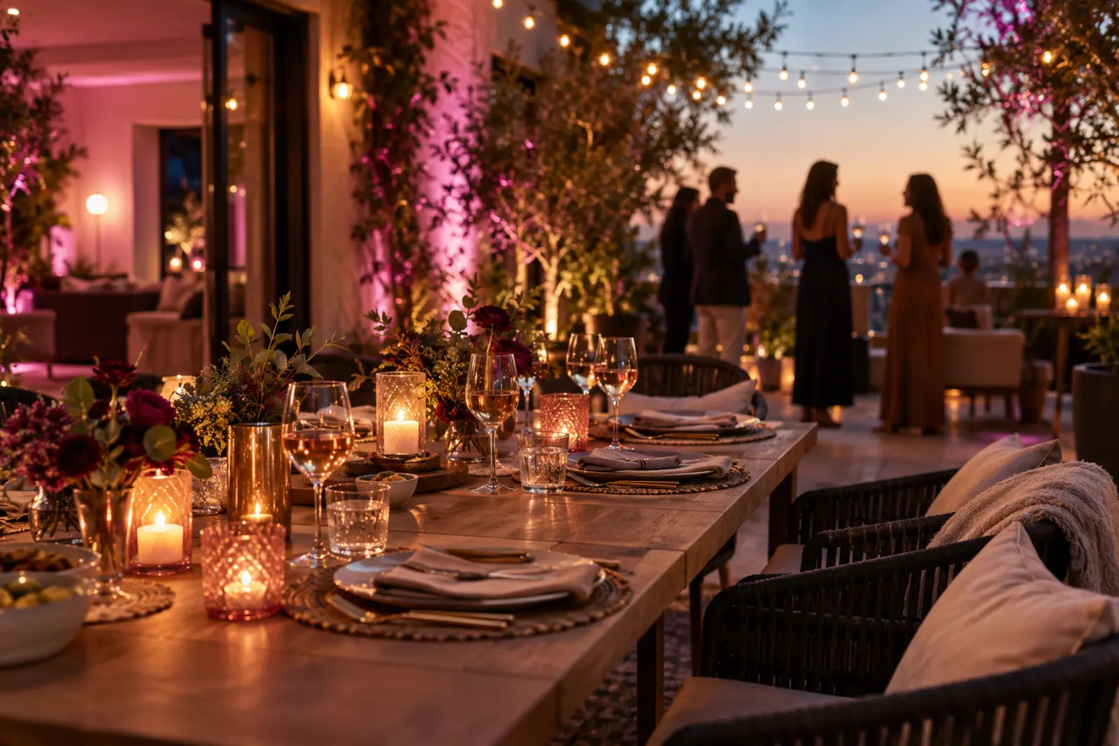 Stimmungsvolle private Feier mit Dinner, Freunden und warmem Abendlicht