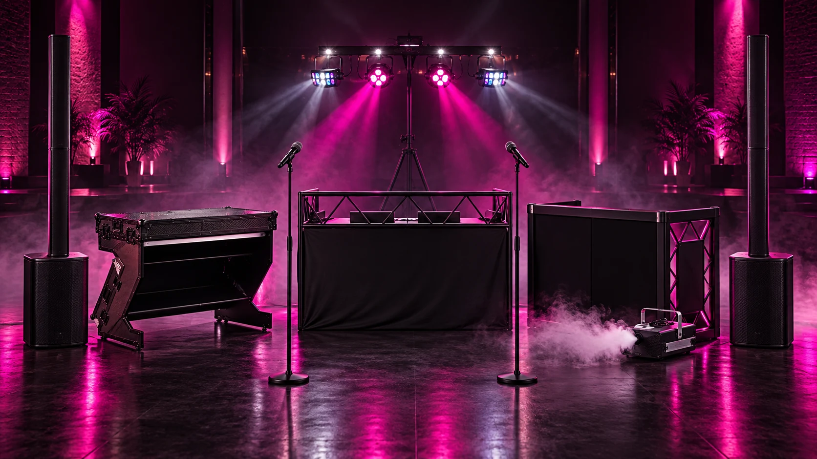 dj-zeven-technik-equipment-showcase DJ ZEVEN Technik-Setup mit DJ-Booths, MAUI-Säulen, Lichtset, Nebelmaschine und zwei Funkmikrofonen
