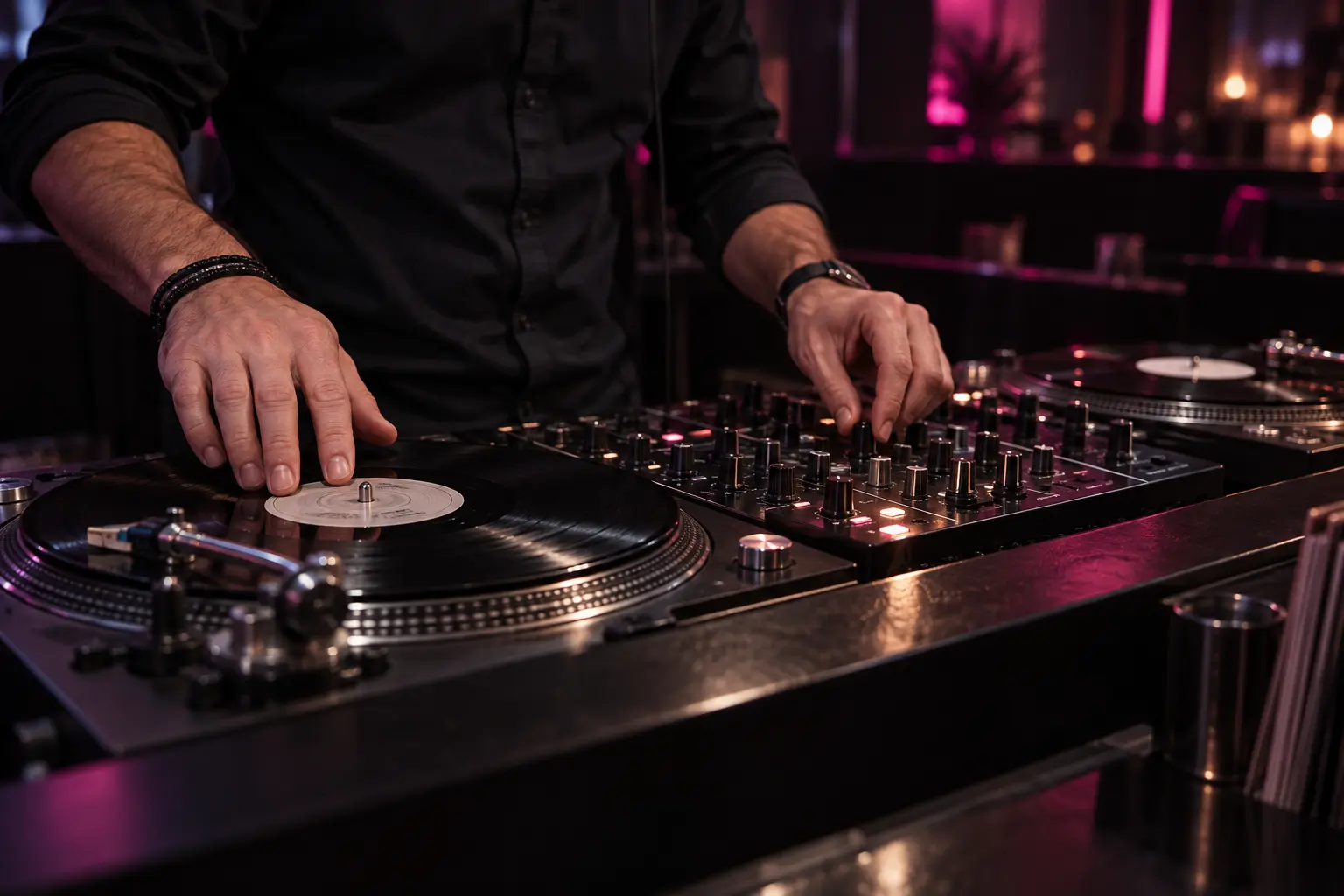 Männliche Hände beim Mixen mit Vinyl und professionellem DJ-Mischpult